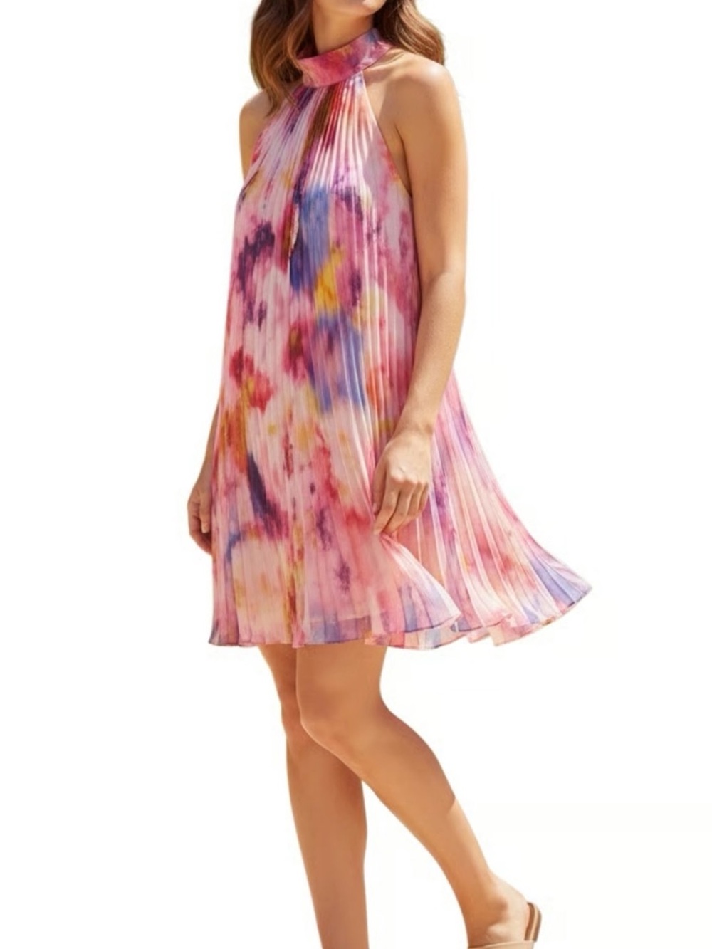 Badgley Mischka Pink & Purple Halter Pleated Tie-Dye Mini Dress Originally $209